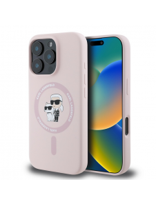 Karl Lagerfeld flytande silikon Karl och Choupette MagSafe-fodral till iPhone 16 Pro Pink
