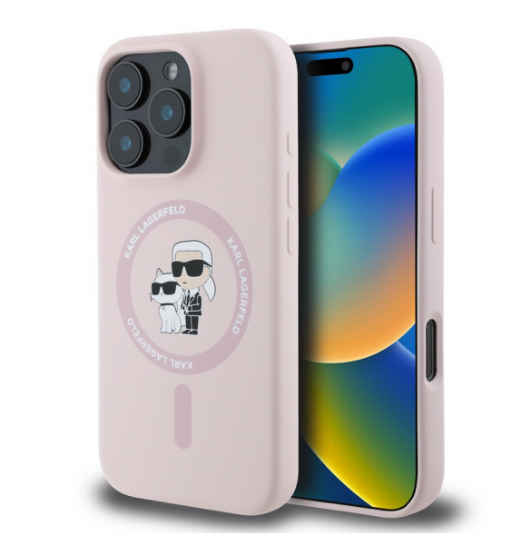 Karl Lagerfeld flytande silikon Karl och Choupette MagSafe-fodral till iPhone 16 Pro Pink