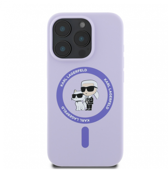 Karl Lagerfeld flytande silikon Karl och Choupette MagSafe-fodral för iPhone 16 Pro Max Lila