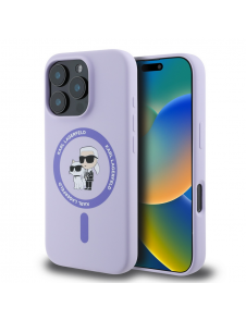 Karl Lagerfeld flytande silikon Karl och Choupette MagSafe-fodral för iPhone 16 Pro Max Lila