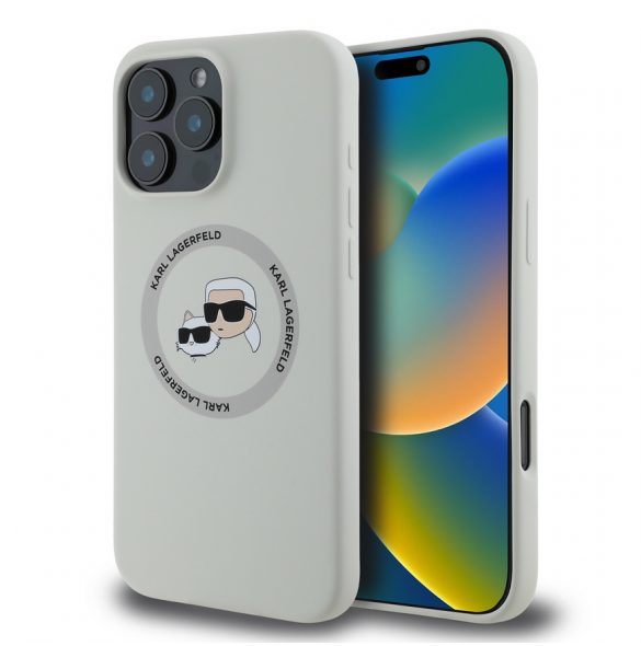 Karl Lagerfeld flytande silikon K&CH Heads MagSafe-fodral för iPhone 16 Pro Max Beige