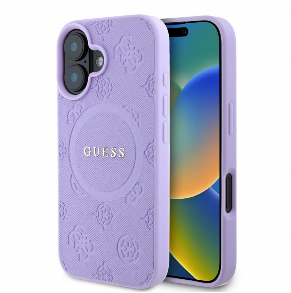Guess Saffiano Peony Stamp MagSafe Fodral till iPhone 16 Lila