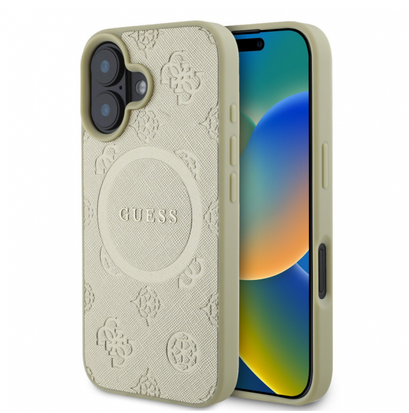 Guess Saffiano Peony Stamp MagSafe Fodral till iPhone 16 Gold