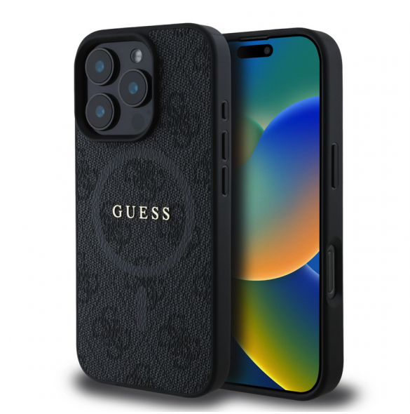 Guess PU Leather 4G Colored Ring MagSafe Fodral för iPhone 16 Pro Svart