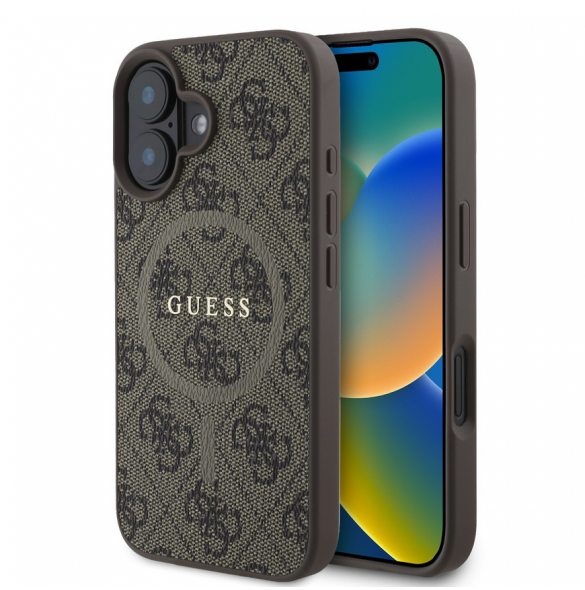 Guess PU Leather 4G Colored Ring MagSafe Fodral för iPhone 16 Plus Brun
