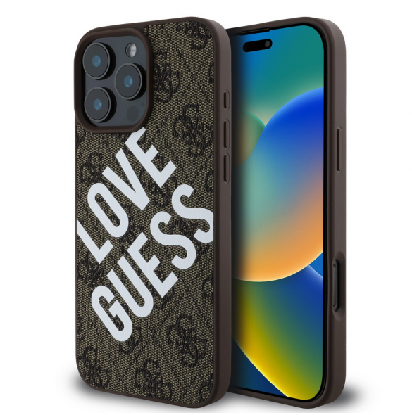 Guess PU Leather 4G Big Love Logo MagSafe Fodral för iPhone 16 Pro Brun