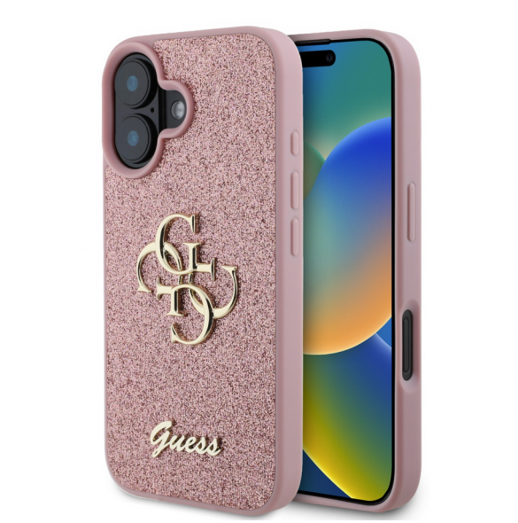 Guess PU Fixed Glitter 4G metalllogofodral för iPhone 16 Rosa