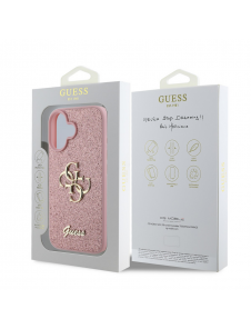 Guess PU Fixed Glitter 4G metalllogofodral för iPhone 16 Rosa