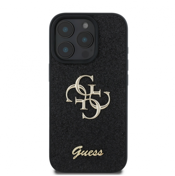 Guess PU Fixed Glitter 4G metalllogofodral för iPhone 16 Pro Svart