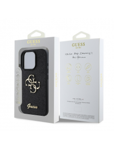 Guess PU Fixed Glitter 4G metalllogofodral för iPhone 16 Pro Svart