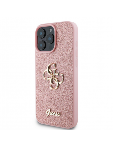 Guess PU Fixed Glitter 4G metalllogofodral för iPhone 16 Pro Pink