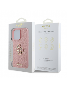 Guess PU Fixed Glitter 4G metalllogofodral för iPhone 16 Pro Pink
