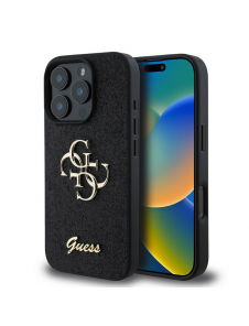 Guess PU Fixed Glitter 4G metalllogofodral för iPhone 16 Pro Max Svart