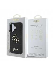 Guess PU Fixed Glitter 4G metalllogofodral för iPhone 16 Plus Svart