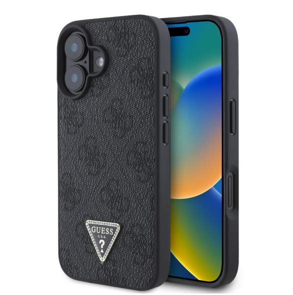 Guess PU 4G Strass Triangle Metal Logo Fodral till iPhone 16 Svart