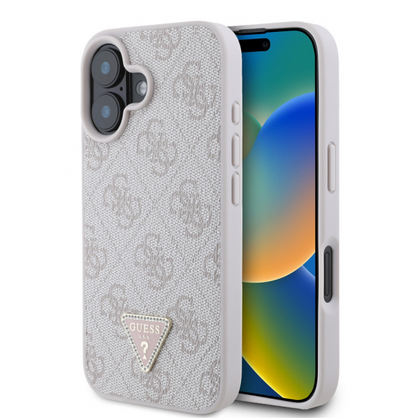 Guess PU 4G Strass Triangle Metal Logo Fodral till iPhone 16 Rosa