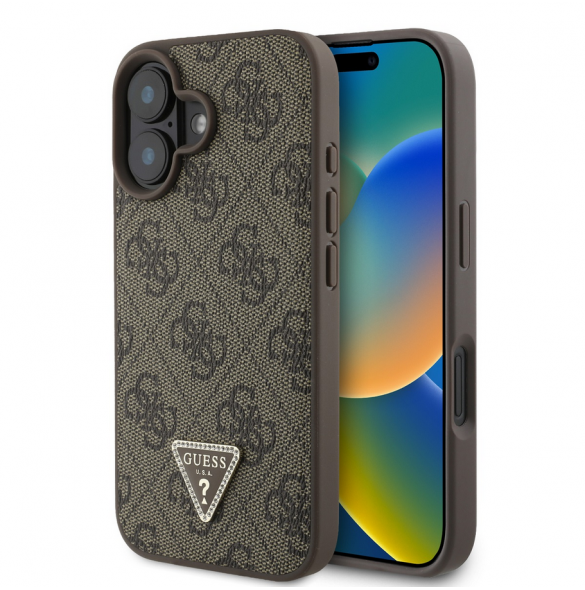 Guess PU 4G Strass Triangle Metal Logo Fodral till iPhone 16 Brun