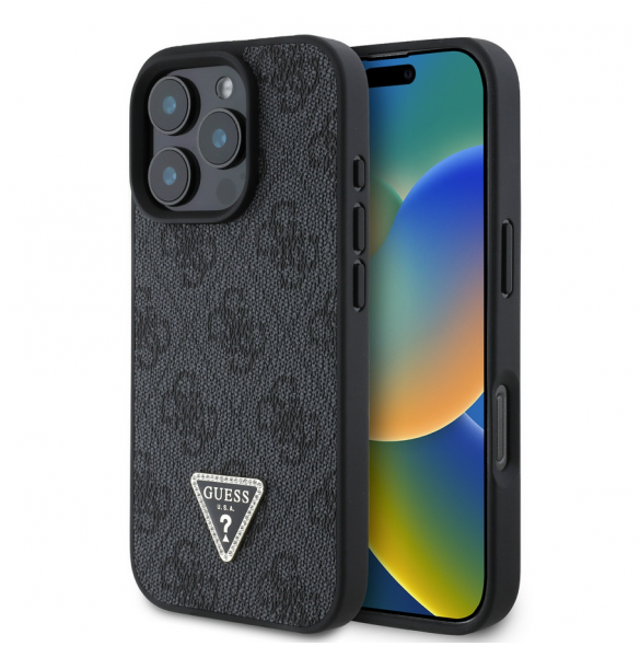 Guess PU 4G Strass Triangle Metal Logo Fodral för iPhone 16 Pro Svart