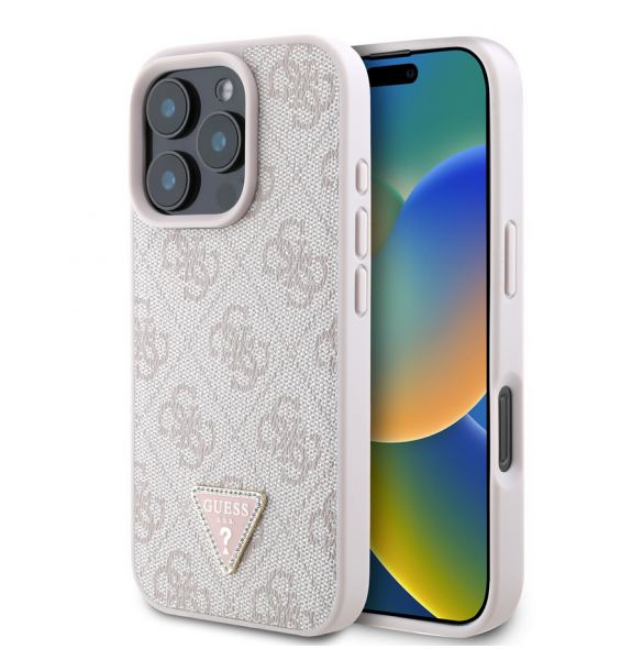 Guess PU 4G Strass Triangle Metal Logo Fodral för iPhone 16 Pro Max Rosa