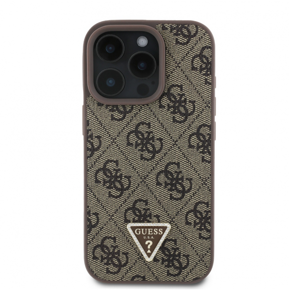 Guess PU 4G Strass Triangle Metal Logo Fodral för iPhone 16 Pro Brown