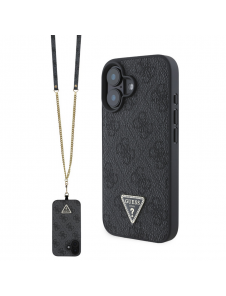 Guess PU 4G Strass Triangle Metal Logo Case + Crossbody Strap för iPhone 16 Svart