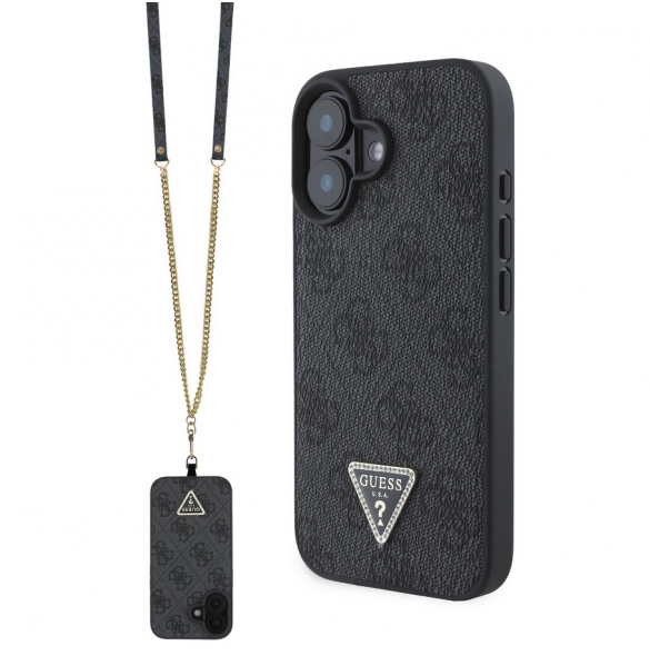Guess PU 4G Strass Triangle Metal Logo Case + Crossbody Strap för iPhone 16 Svart