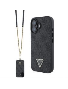 Guess PU 4G Strass Triangle Metal Logo Case + Crossbody Strap för iPhone 16 Svart