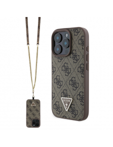 Guess PU 4G Strass Triangle Metal Logo Case + Crossbody Strap för iPhone 16 Pro Max Brown