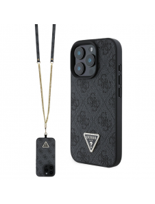 Guess PU 4G Strass Triangle Metal Logo Case + Crossbody Strap för iPhone 16 Pro Max Black