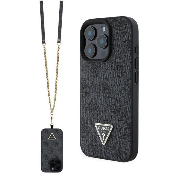 Guess PU 4G Strass Triangle Metal Logo Case + Crossbody Strap för iPhone 16 Pro Max Black