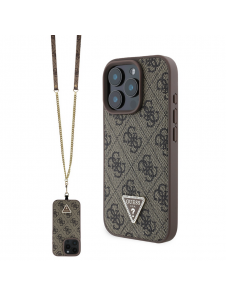 Guess PU 4G Strass Triangle Metal Logo Case + Crossbody Strap för iPhone 16 Pro Brown