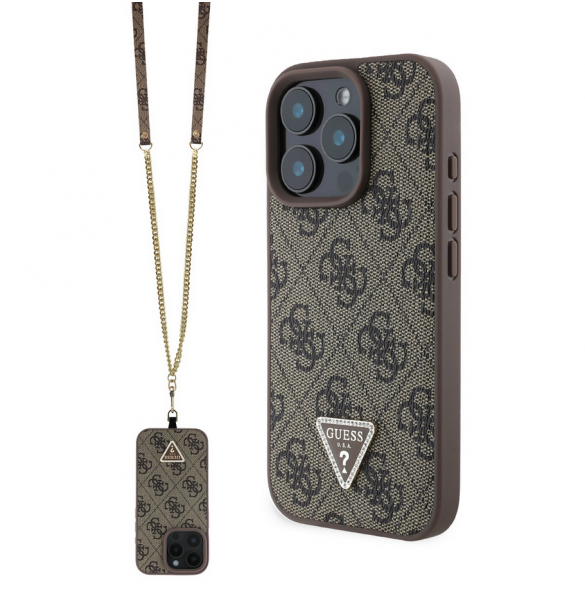 Guess PU 4G Strass Triangle Metal Logo Case + Crossbody Strap för iPhone 16 Pro Brown
