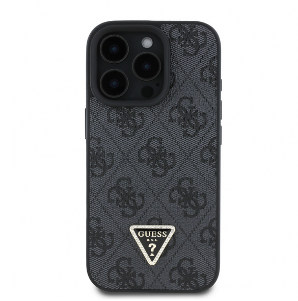 Guess PU 4G Strass Triangle Metal Logo Case + Crossbody Strap för iPhone 16 Pro Black