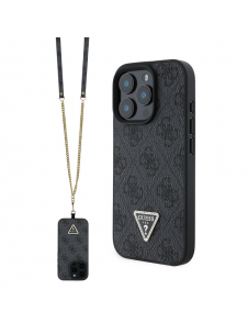 Guess PU 4G Strass Triangle Metal Logo Case + Crossbody Strap för iPhone 16 Pro Black