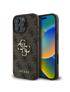 Guess PU 4G metalllogofodral för iPhone 16 Pro Max Brun