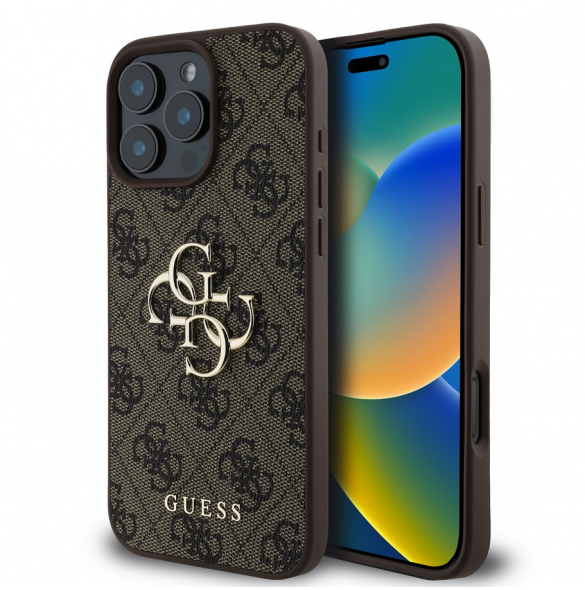 Guess PU 4G metalllogofodral för iPhone 16 Pro Brown