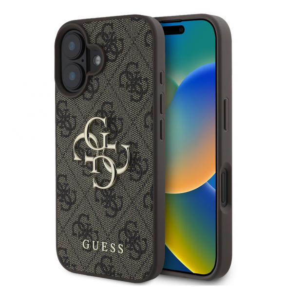 Guess PU 4G metalllogofodral för iPhone 16 Plus Brun