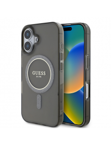 Guess IML Glitter Ring MagSafe Fodral för iPhone 16 Svart