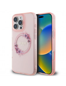 Guess IML Flowers Ring MagSafe Fodral till iPhone 16 Pro Pink