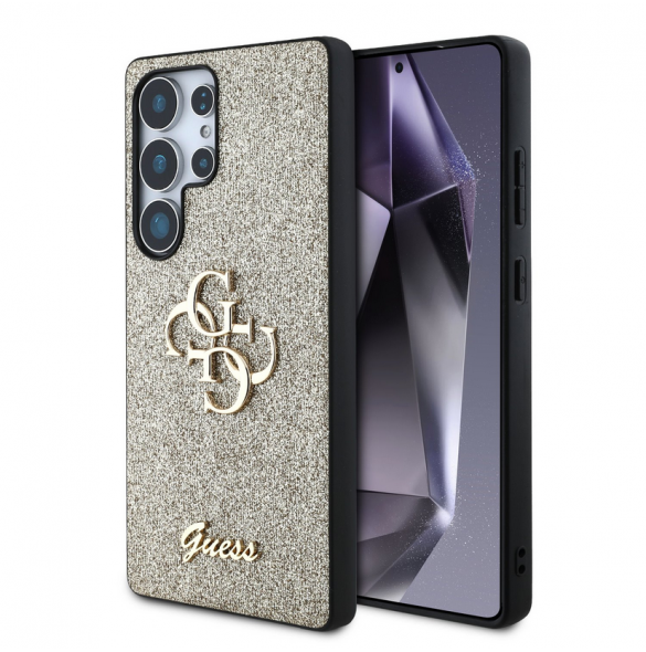 Guess PU Fixed Glitter 4G metalllogofodral för Samsung Galaxy S25 Ultra Gold