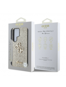 Guess PU Fixed Glitter 4G metalllogofodral för Samsung Galaxy S25 Ultra Gold