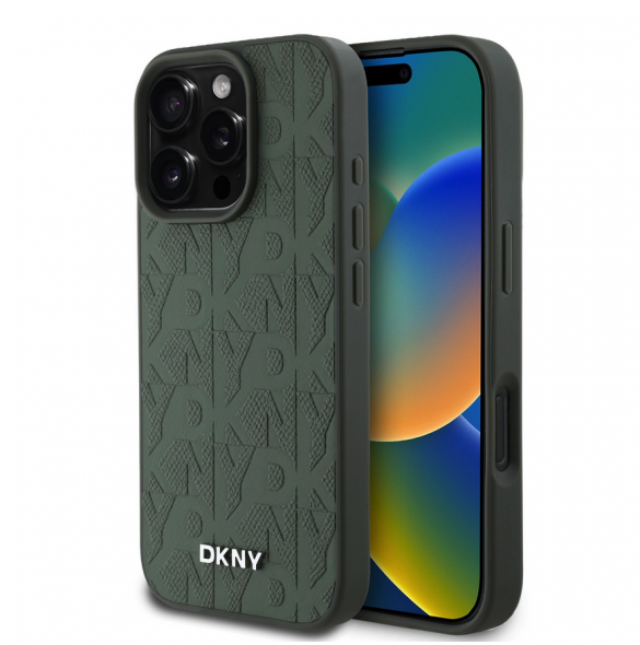 DKNY PU Läder Grid Pattern Magsafe Fodral för iPhone 16 Pro Grön