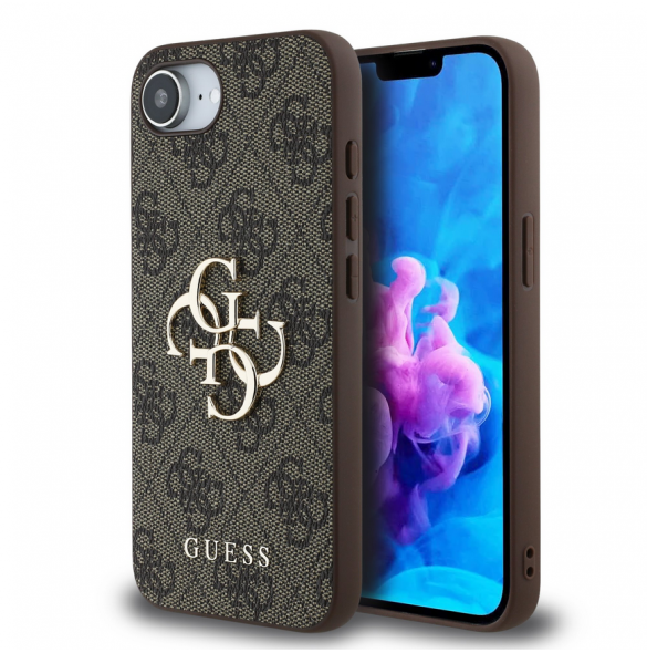 Guess PU 4G metalllogofodral för iPhone 16e Brun