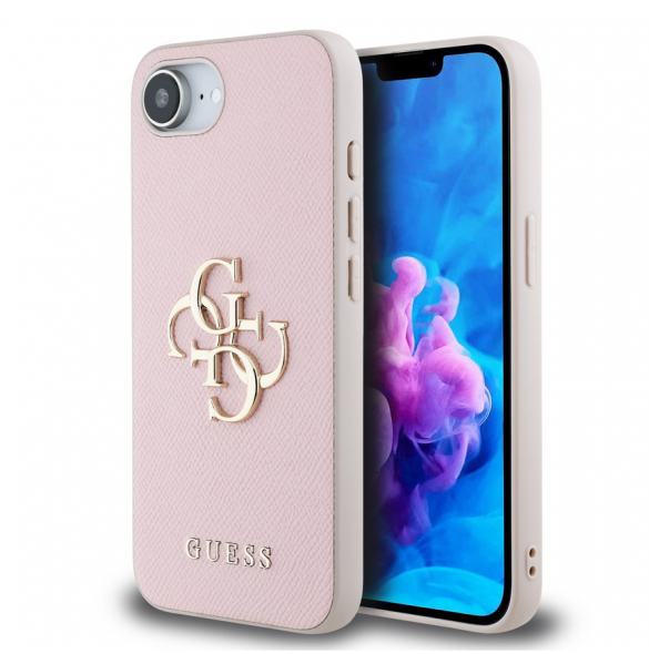 Guess PU Grained 4G metalllogofodral för iPhone 16e Rosa