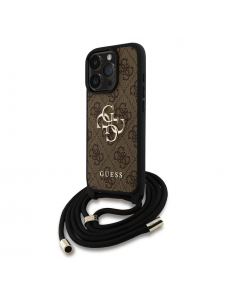 Guess PU 4G Metal Logo Crossbody Strap Case för iPhone 16 Pro Max Brun
