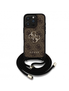Guess PU 4G Metal Logo Crossbody Strap Case för iPhone 16 Pro Max Brun
