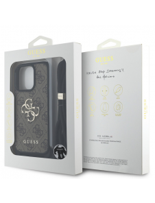Guess PU 4G Metal Logo Crossbody Strap Case för iPhone 16 Pro Max Brun