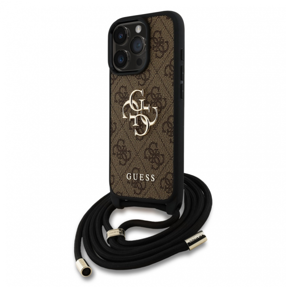 Guess PU 4G Metal Logo Crossbody Strap Case för iPhone 15 Pro Max Brun