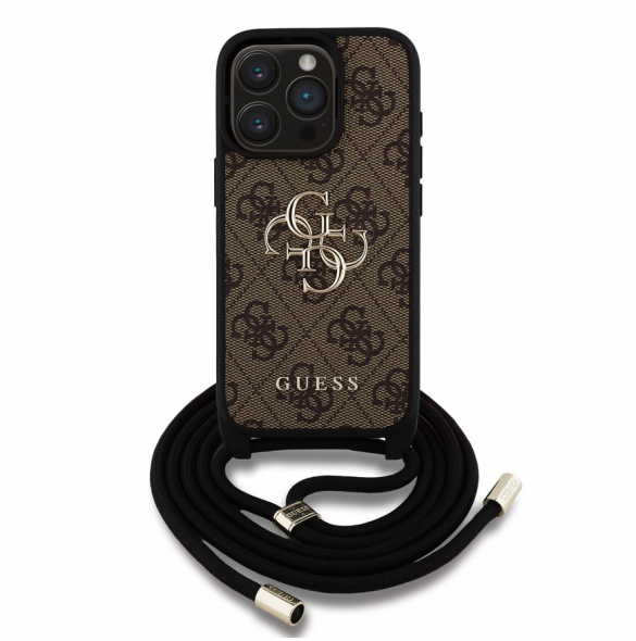 Guess PU 4G Metal Logo Crossbody Strap Case för iPhone 15 Pro Brown