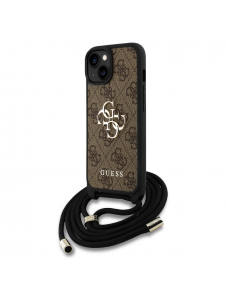 Guess PU 4G Metal Logo Crossbody Strap Case för iPhone 15 Brun